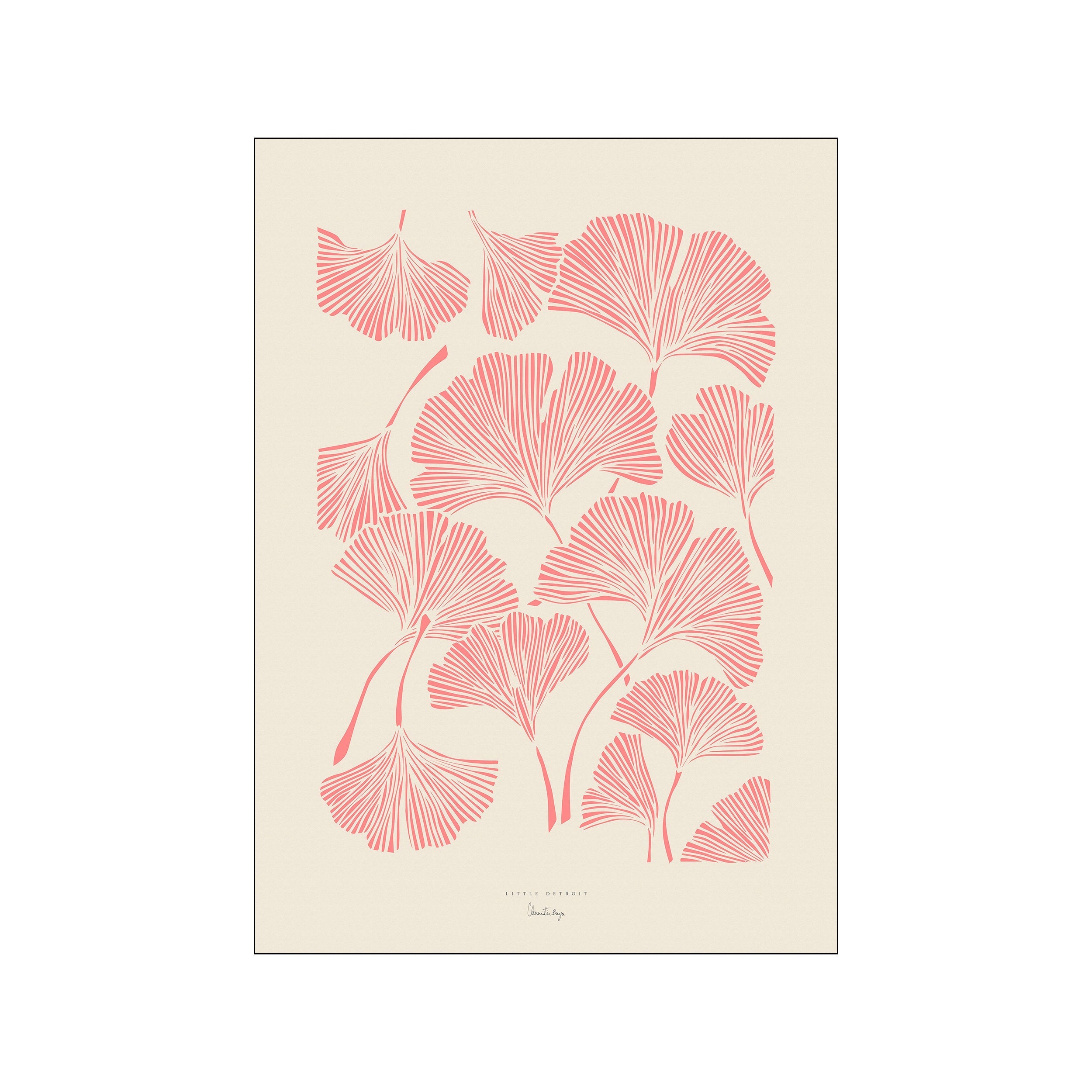 Coral pink ginkgo leaves arranged across a warm cream poster background