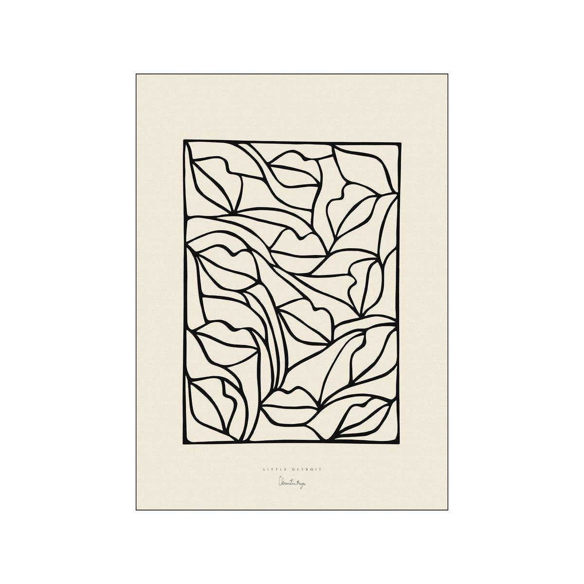 Abstract black leaf linework arranged in a tall cream rectangular composition