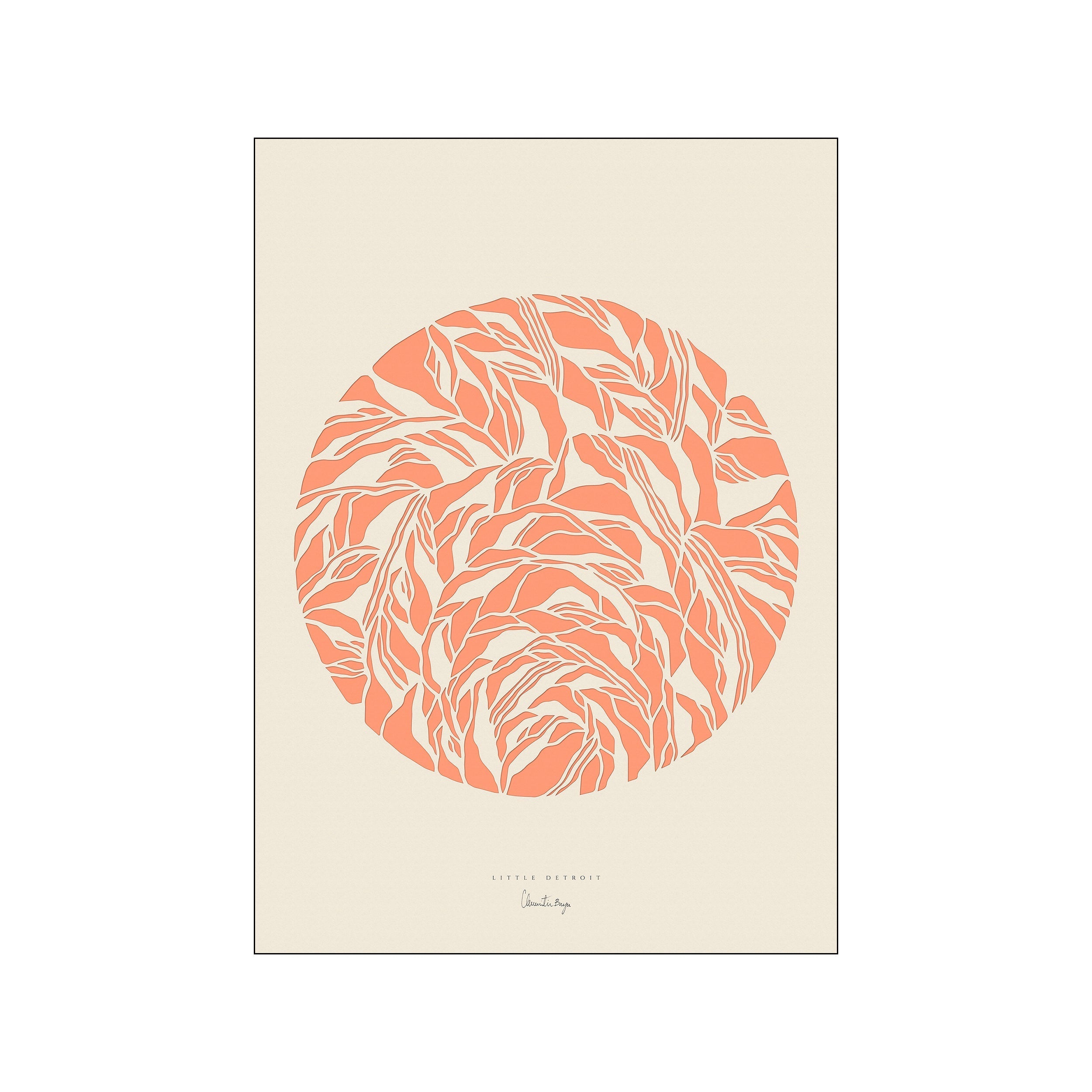 Coral abstract circle filled with flowing leaflike linework on a warm cream background