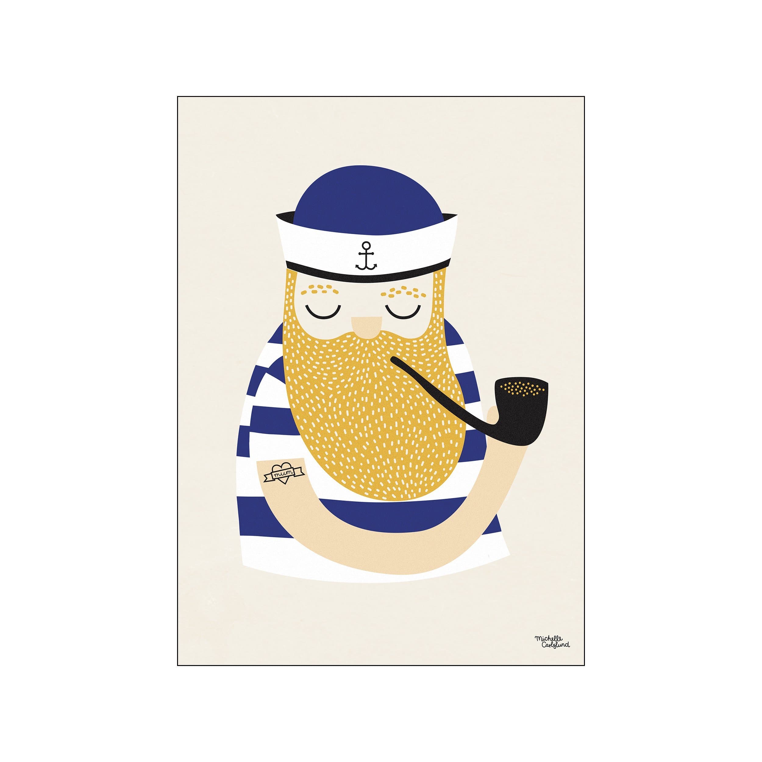 A whimsical, illustrated portrait of a sailor with a golden beard, wearing a blue and white striped shirt and a sailor hat, holding a pipe, set against a neutral background.