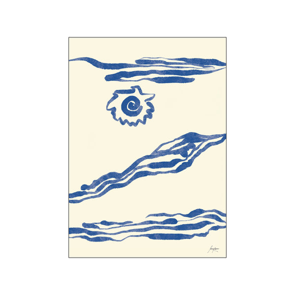 Abstract artwork featuring fluid indigo brushstrokes resembling waves and a spiral sun against a soft cream background, evoking a serene coastal atmosphere.