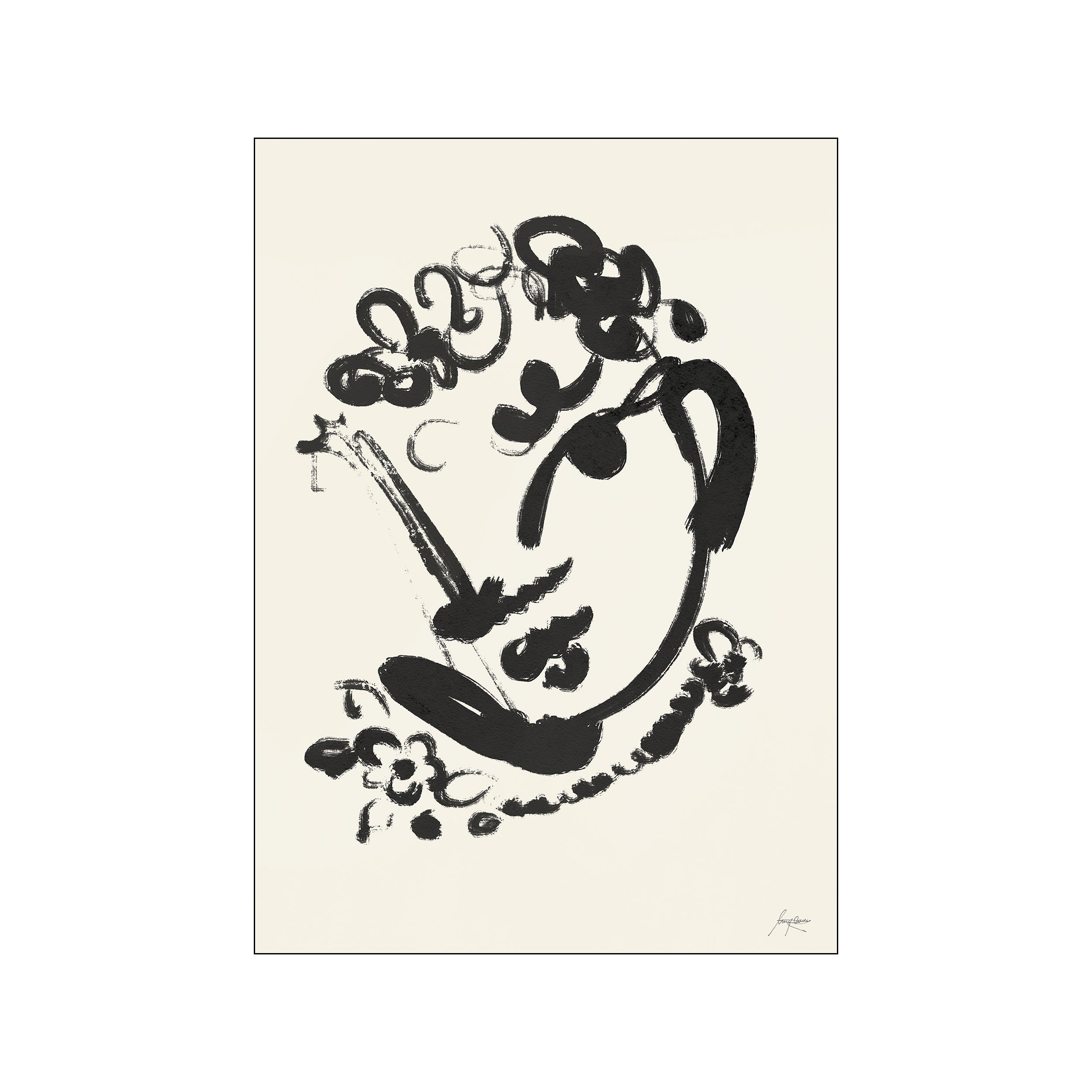 An abstract ink drawing of a woman's face with floral elements, rendered in bold black strokes against a creamy off-white background, exuding a sophisticated and serene vibe.