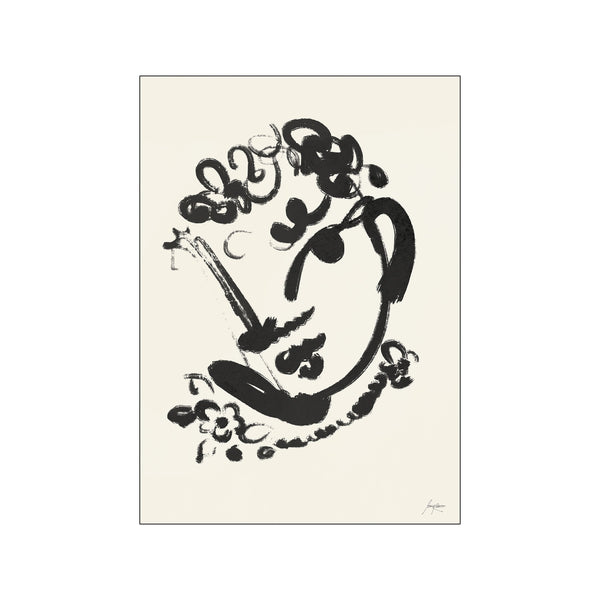 An abstract ink drawing of a woman's face with floral elements, rendered in bold black strokes against a creamy off-white background, exuding a sophisticated and serene vibe.