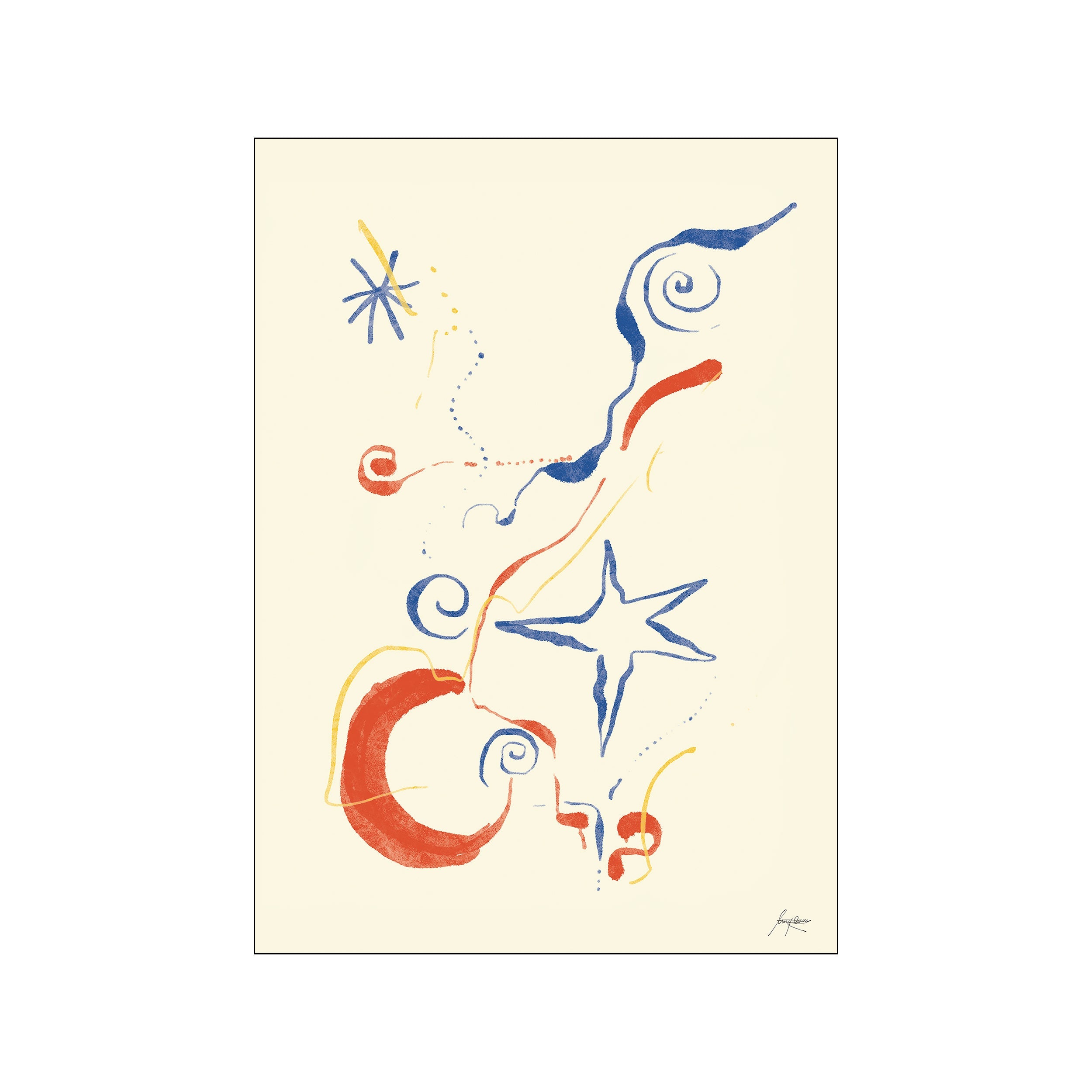 An abstract composition featuring bold brushstrokes and whimsical shapes in red, blue, and yellow against a cream background, evoking a sense of playful connection.