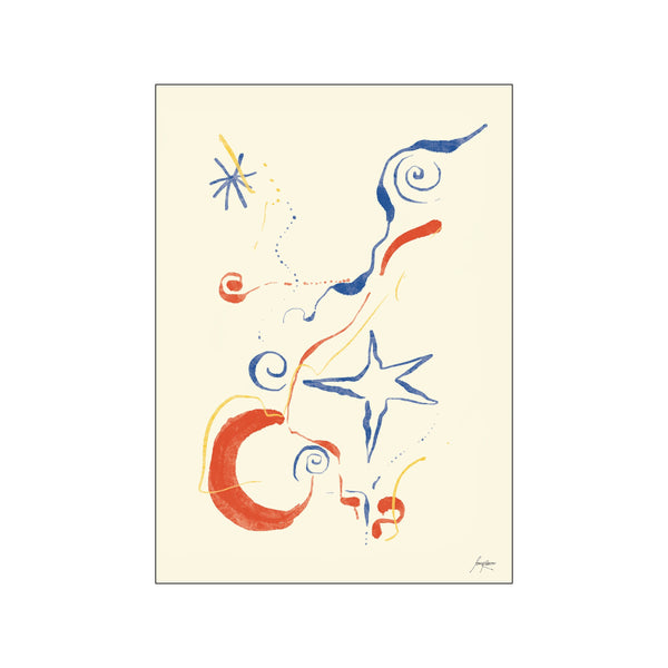 An abstract composition featuring bold brushstrokes and whimsical shapes in red, blue, and yellow against a cream background, evoking a sense of playful connection.