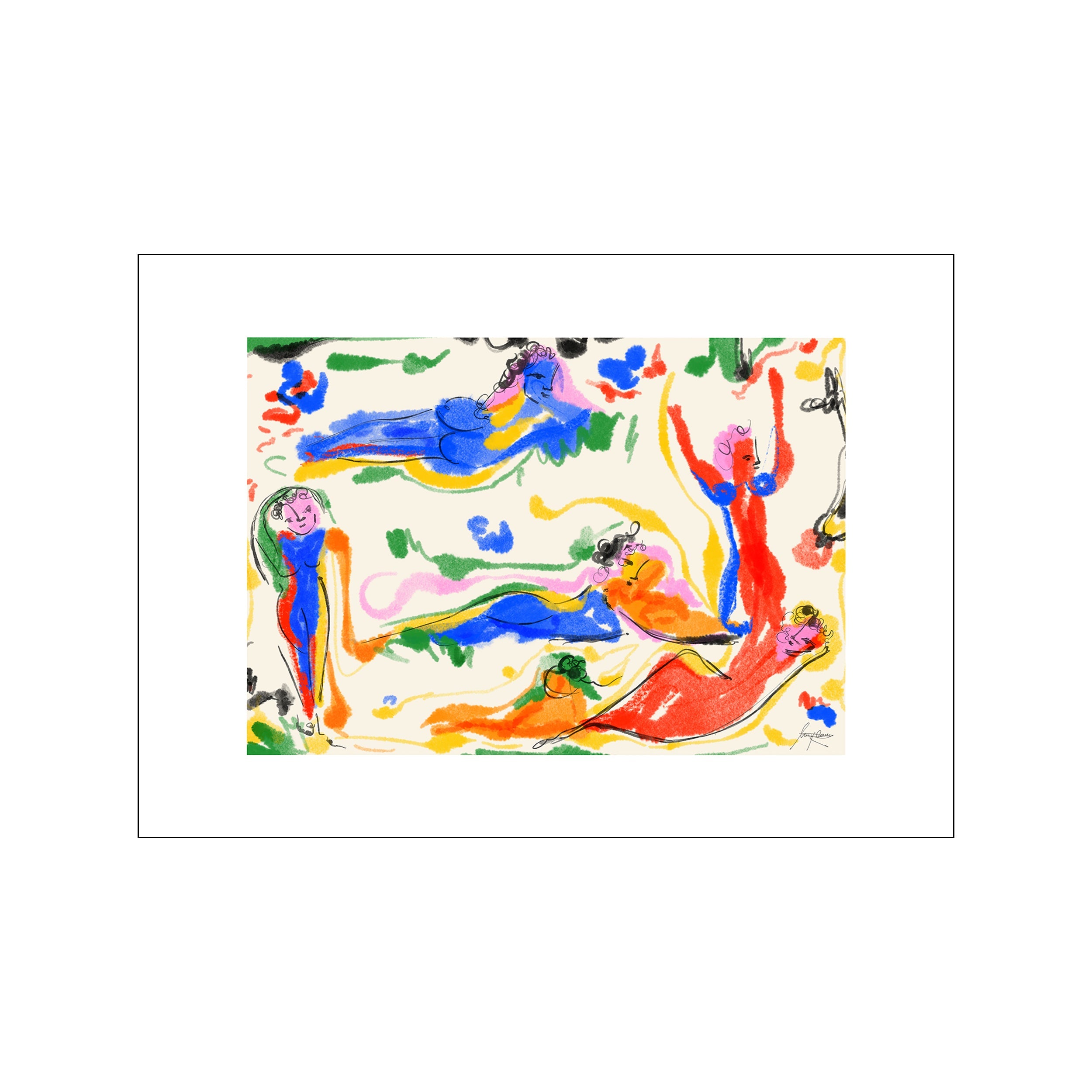 A colorful, abstract depiction of figures relaxing in a park. Figures are rendered with expressive strokes in vibrant blues, reds, and yellows against a cream background, creating a joyful and bohemian atmosphere.