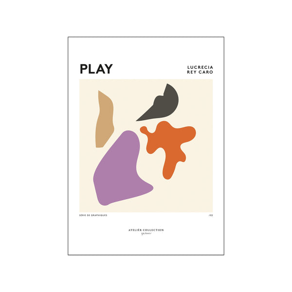 Abstract composition featuring organic shapes in coral orange, lavender purple, tan, and charcoal grey against a creamy background, titled 'Play'.