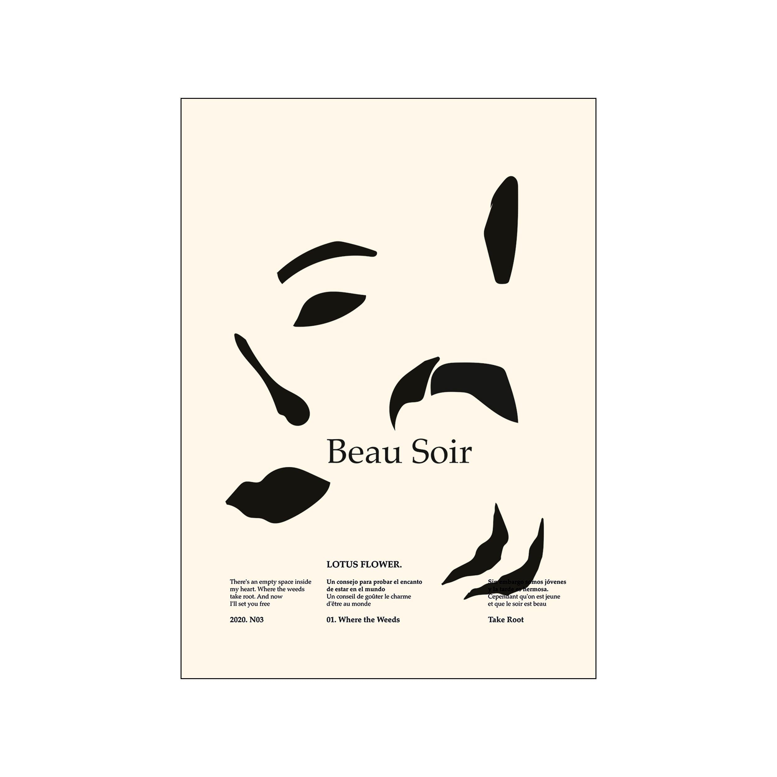 Abstract black shapes suggesting facial features like eyes and lips on a cream background, with the title 'Beau Soir' centered. Evokes a thoughtful and elegant mood.