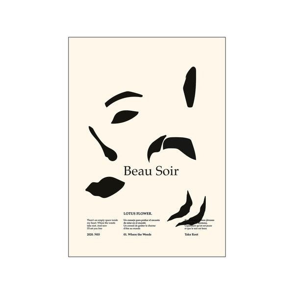 Abstract black shapes suggesting facial features like eyes and lips on a cream background, with the title 'Beau Soir' centered. Evokes a thoughtful and elegant mood.