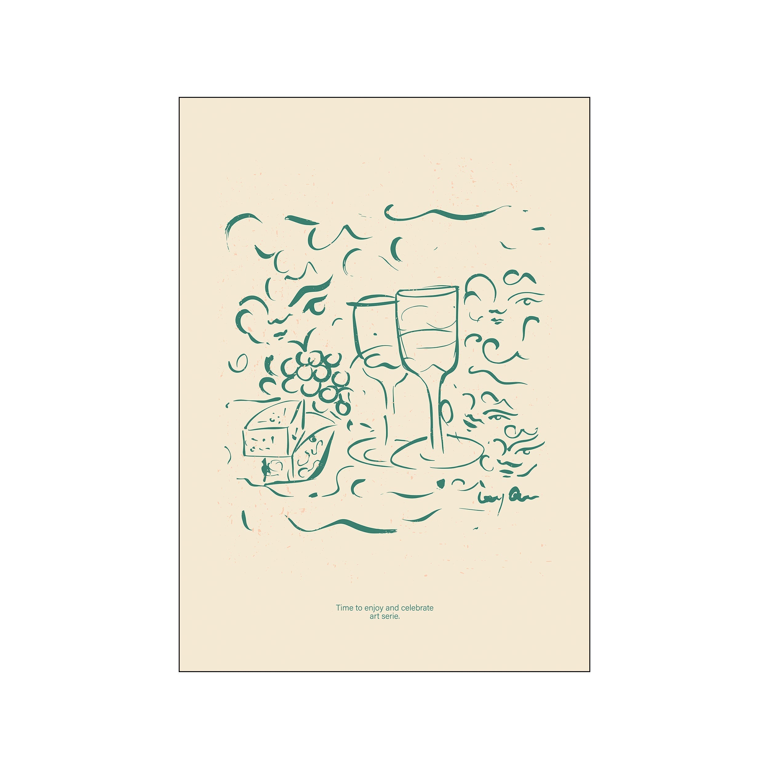 A minimalist, abstract illustration in teal and soft beige tones depicting two wine glasses, a wedge of cheese, and a cluster of grapes, exuding a feeling of casual celebration.