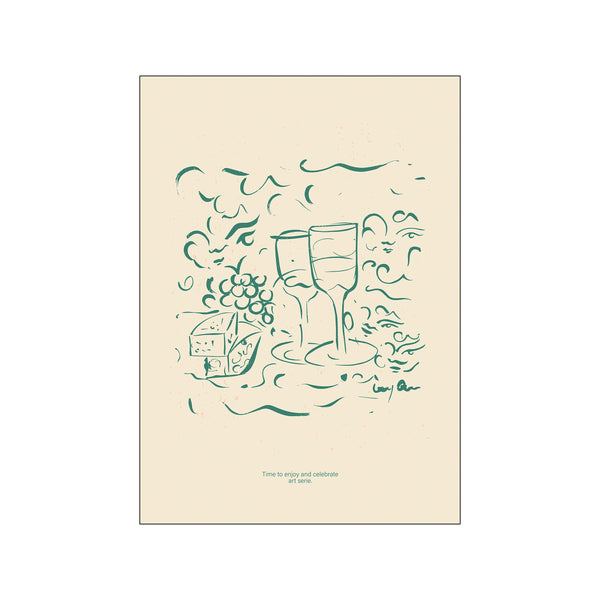 A minimalist, abstract illustration in teal and soft beige tones depicting two wine glasses, a wedge of cheese, and a cluster of grapes, exuding a feeling of casual celebration.