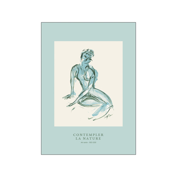 Abstract figurative artwork in serene blues and earthy tones, depicting a figure in contemplation with fluid, expressive brushstrokes, conveying a sense of calm and introspection.