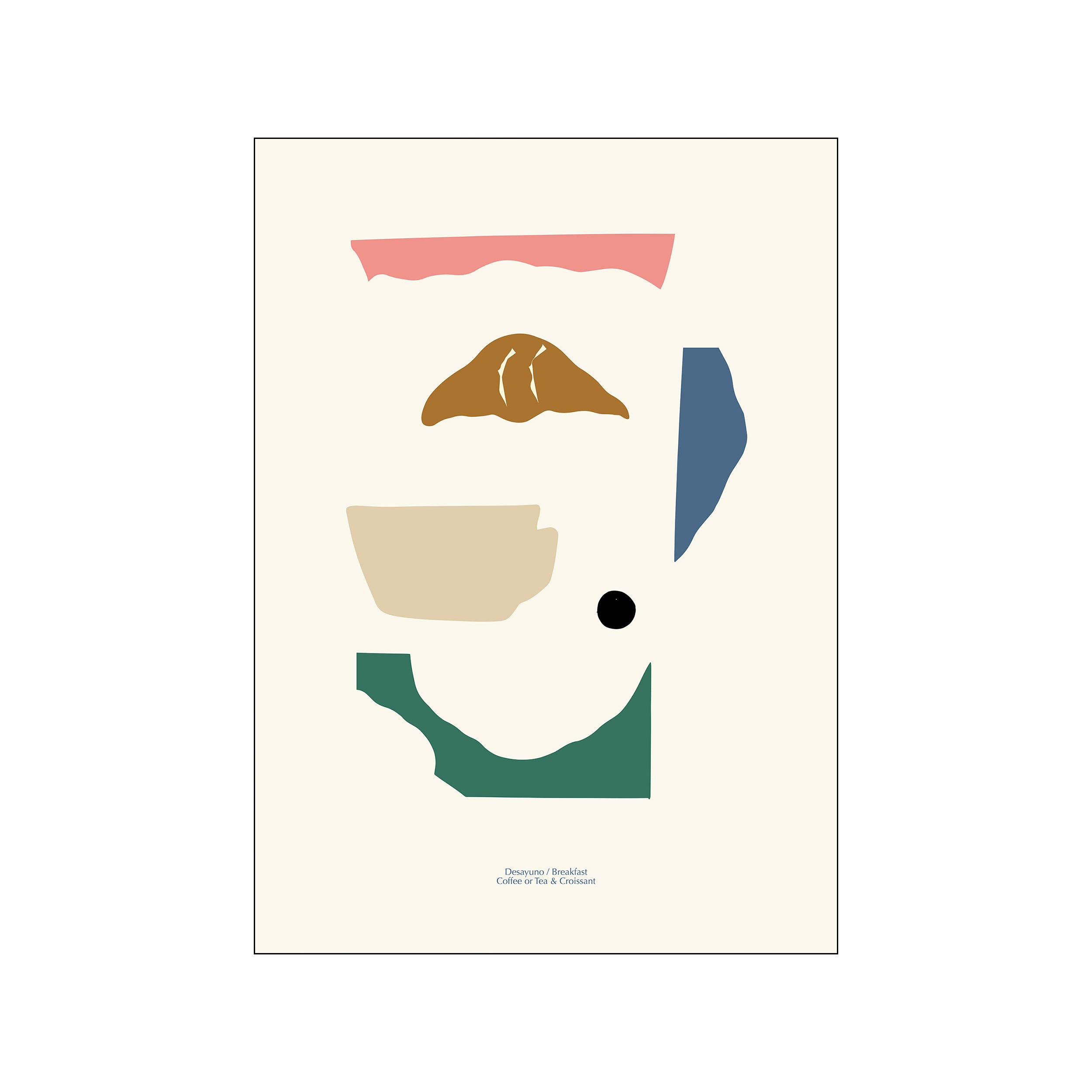 Abstract shapes in soft blush pink, warm beige, deep forest green, and muted blue, arranged thoughtfully against an off-white background, hinting at coffee and a croissant.