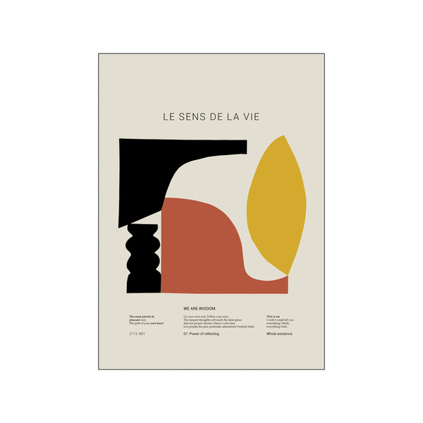 Abstract composition with organic shapes in rust, ochre, and black on a cream background, titled 'Le Sans De La Vie', evoking a peaceful and contemplative mood.