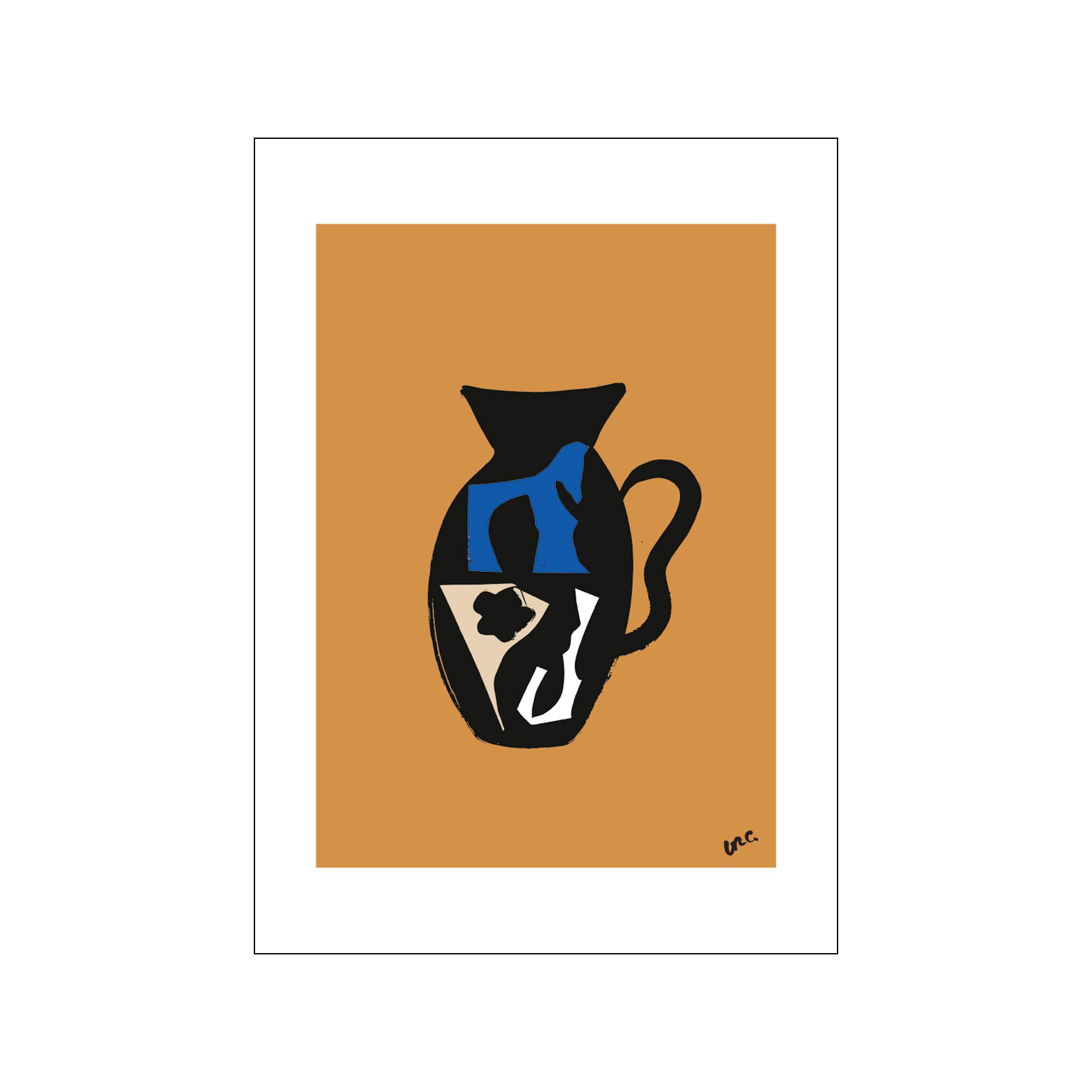 Abstract artwork depicting a black vase silhouette with bold geometric shapes in blue and cream, set against a warm ochre background. Evokes a sophisticated, bohemian vibe.