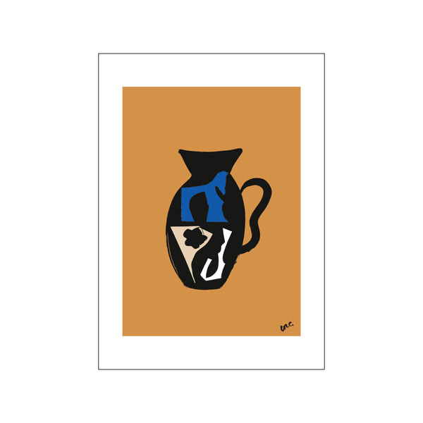 Abstract artwork depicting a black vase silhouette with bold geometric shapes in blue and cream, set against a warm ochre background. Evokes a sophisticated, bohemian vibe.