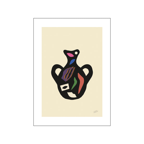 Abstract art depicting a black vase with handles, adorned with colorful geometric shapes and organic forms in shades of pink, blue, purple, green, and red, set against a creamy neutral background.
