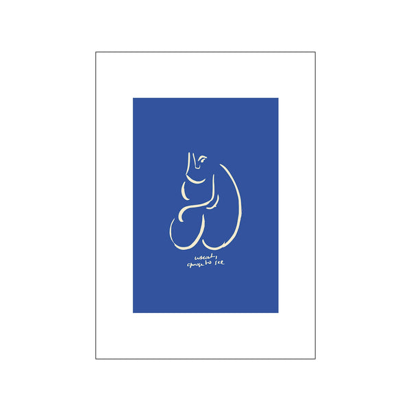Abstract artwork featuring a flowing, cream-colored line drawing of a figure against a vibrant, deep blue background, creating a minimalist and contemplative mood.