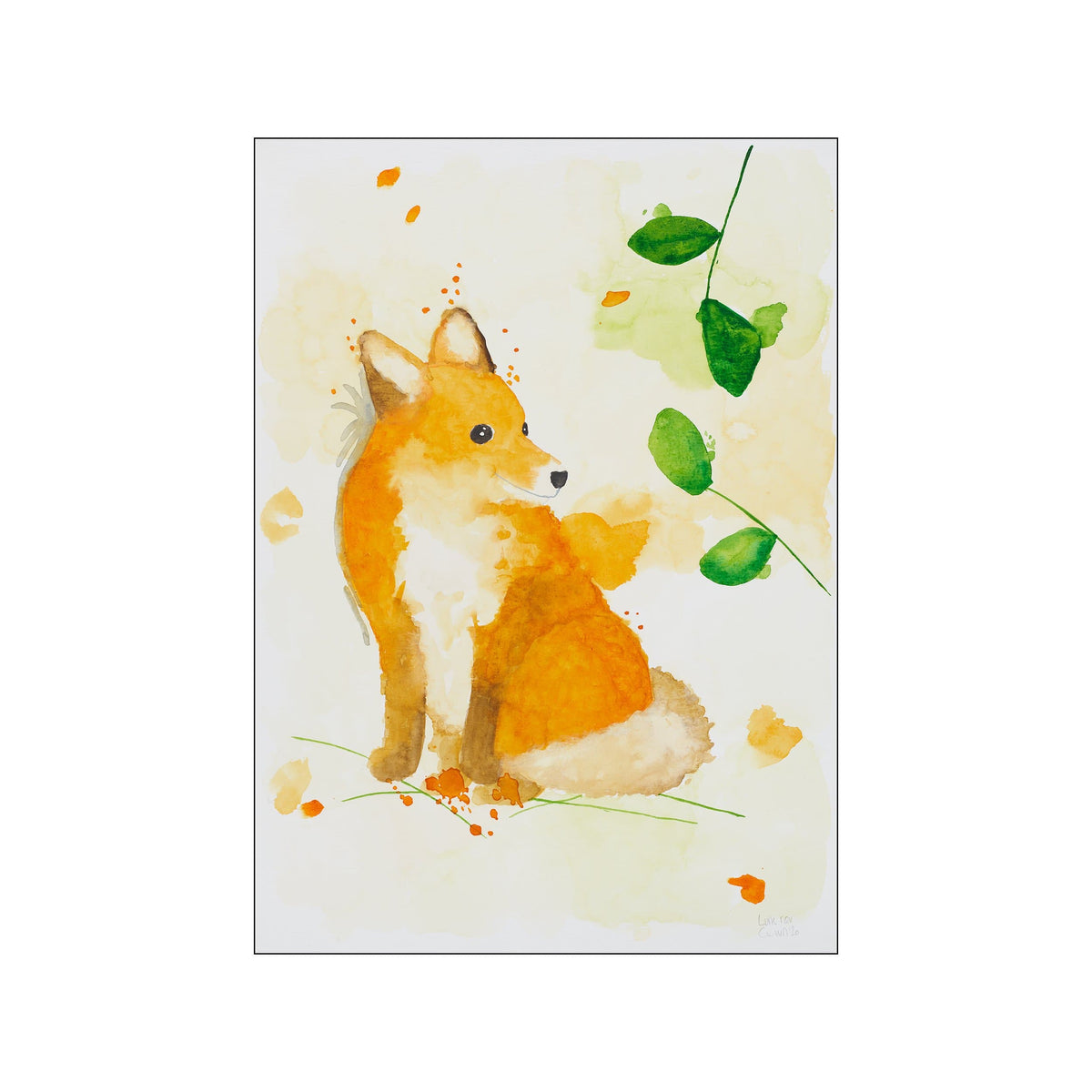 A whimsical watercolor painting of a fox with a fluffy tail, rendered in warm orange and white tones. Green leaves and orange splatters float on a soft, pale background, creating a gentle and enchanting atmosphere.