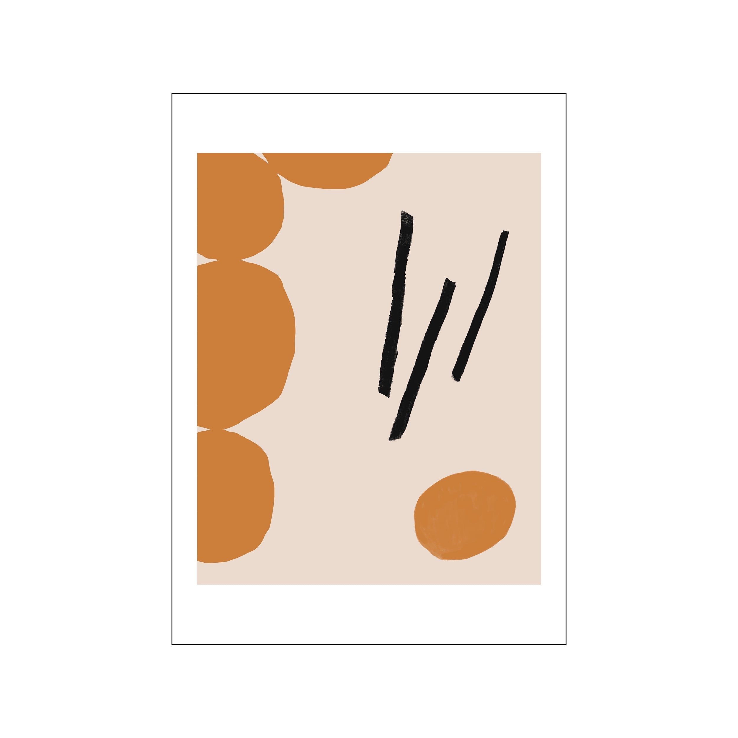 An abstract composition featuring rounded, organic shapes in warm ochre and tan, juxtaposed with striking black brushstrokes on a creamy background, evoking a modern bohemian vibe.