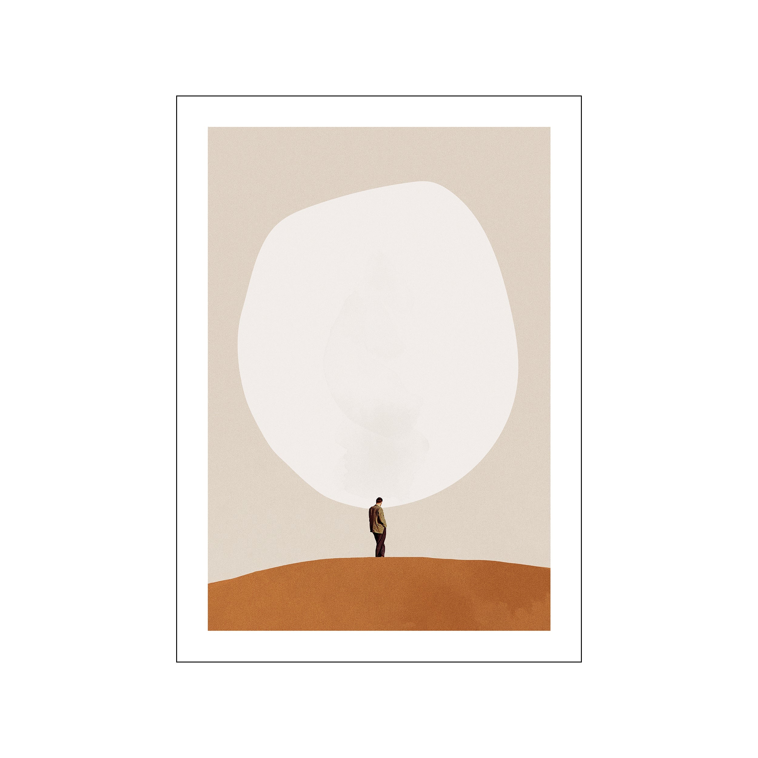 Solitary figure standing beneath a large white abstract form over a warm brown ground