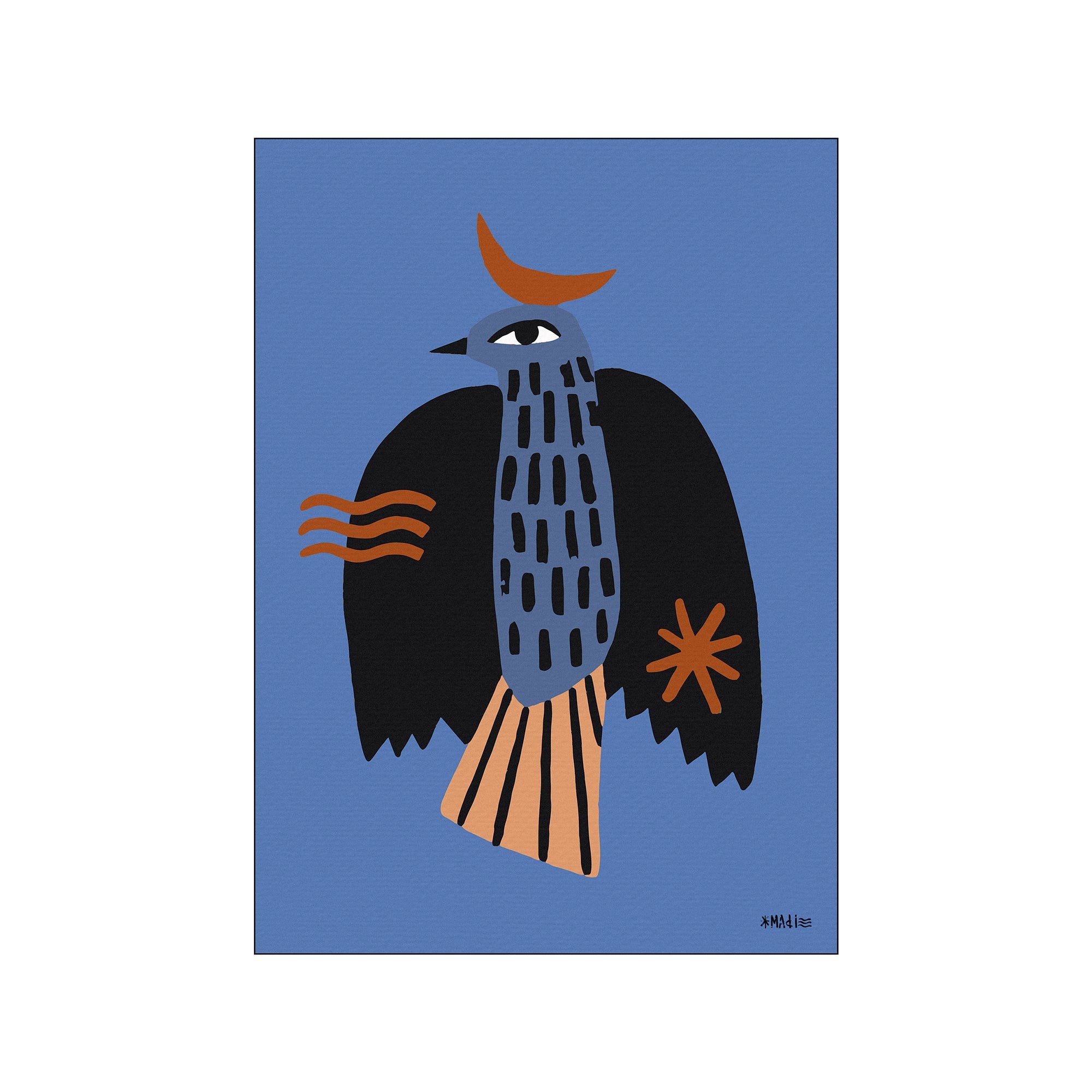 A stylized bird illustration with graphic elements in dusty blue, black, and terracotta. The bird has a large eye and is adorned with a crescent shape on its head, suggesting a feeling of freedom.