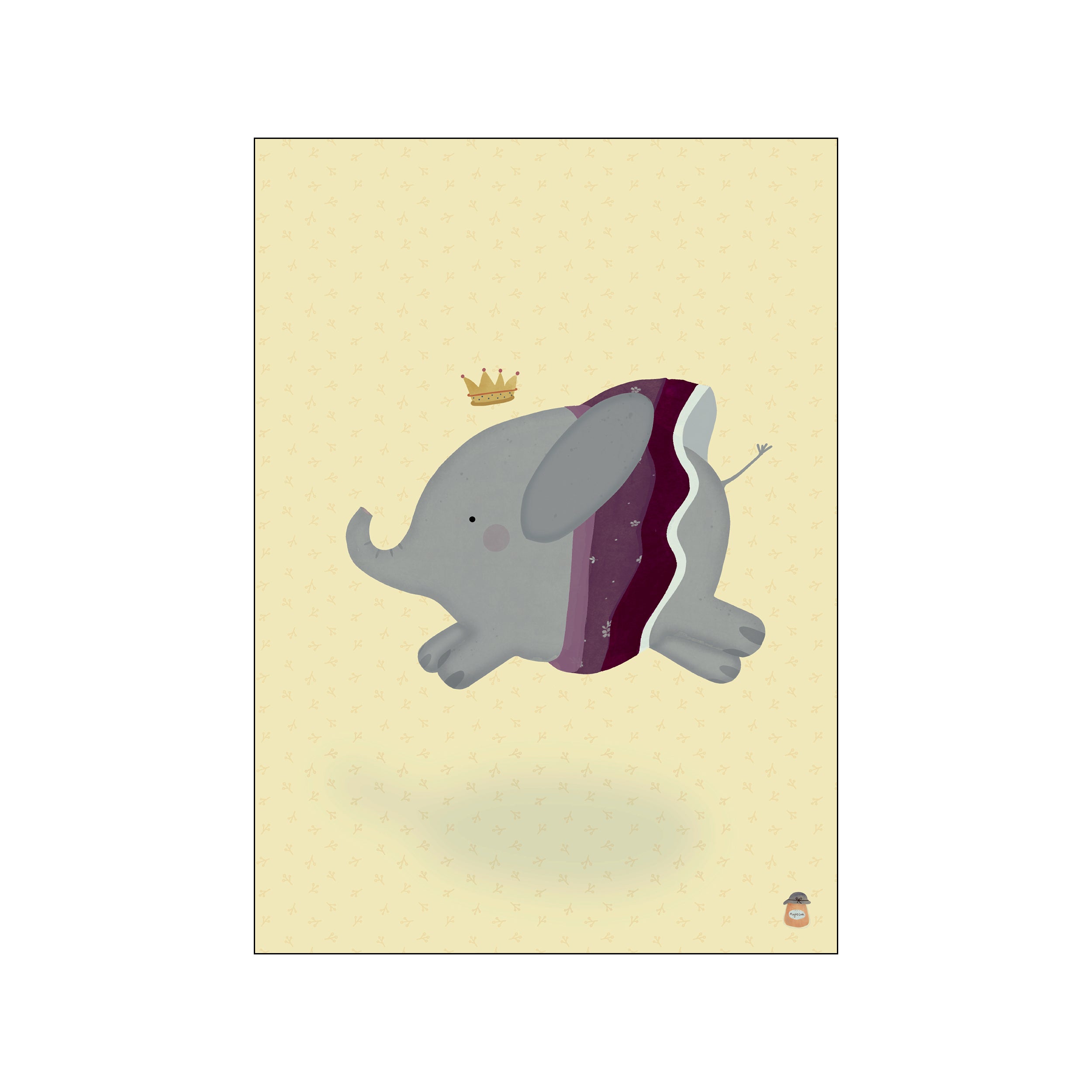 A whimsical, gray elephant wearing a golden crown and a patterned purple sash appears to be dancing or leaping across a pale yellow background filled with small, repeating floral motifs.