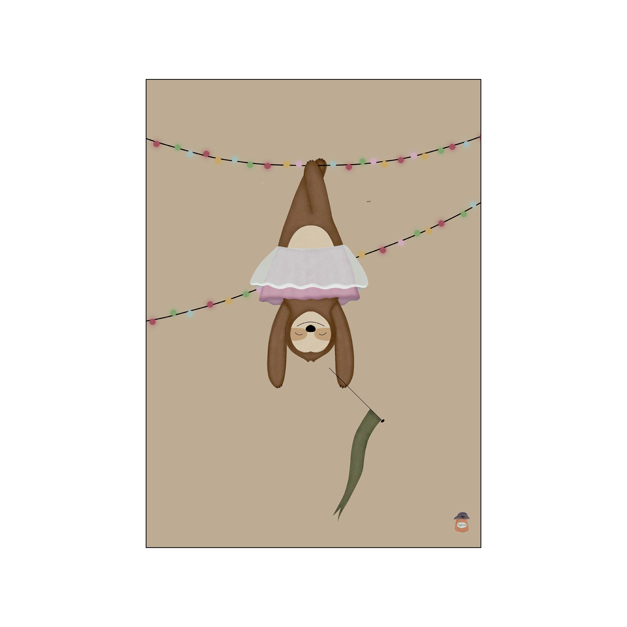 A whimsical sloth wearing a pink tutu hangs upside down from a string of pastel fairy lights, holding a green flag, on a soft beige background.