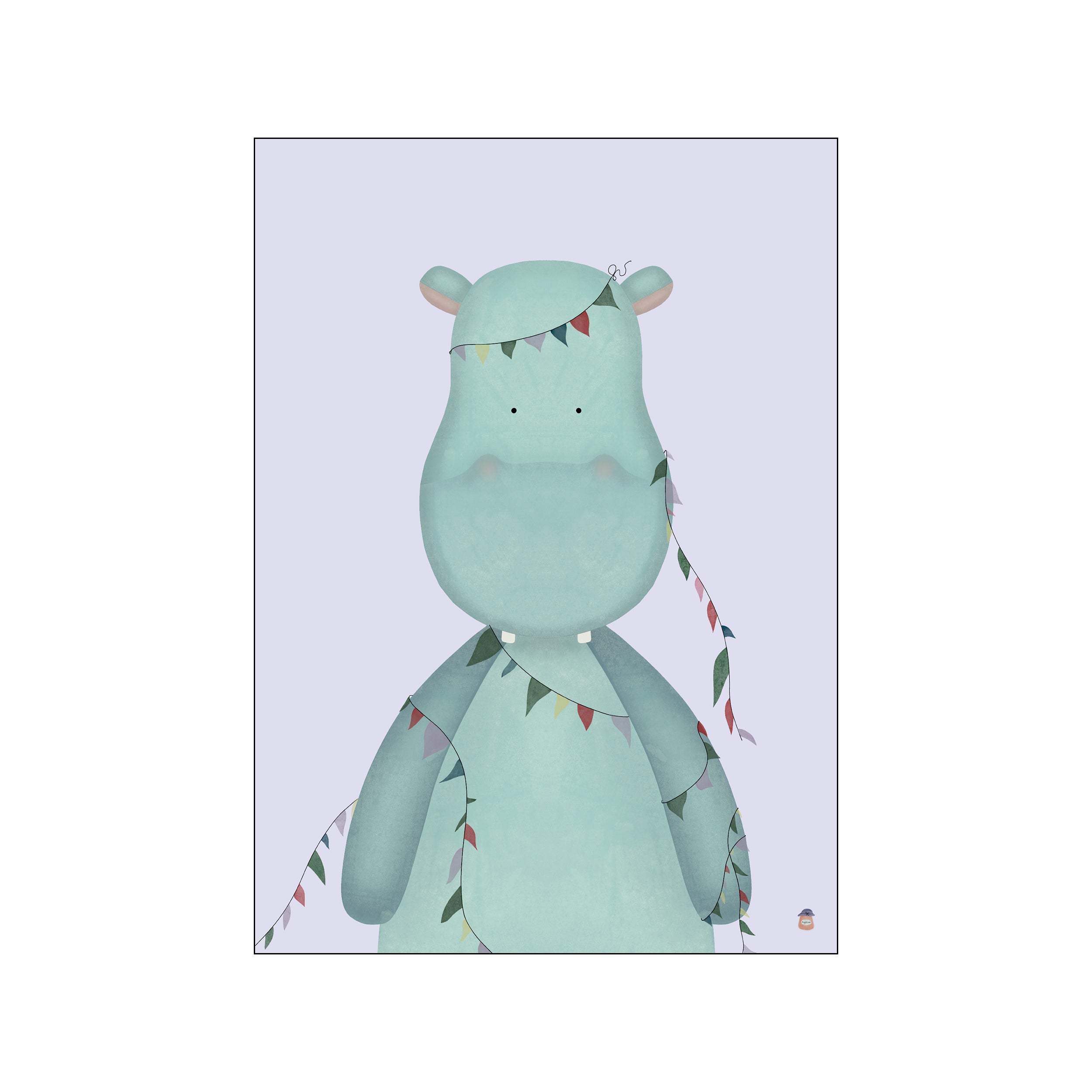 A whimsical portrait of a light teal hippo wearing a festive garland of colorful, muted pennant flags. The background is a soft, pale lavender, creating a gentle and charming atmosphere.