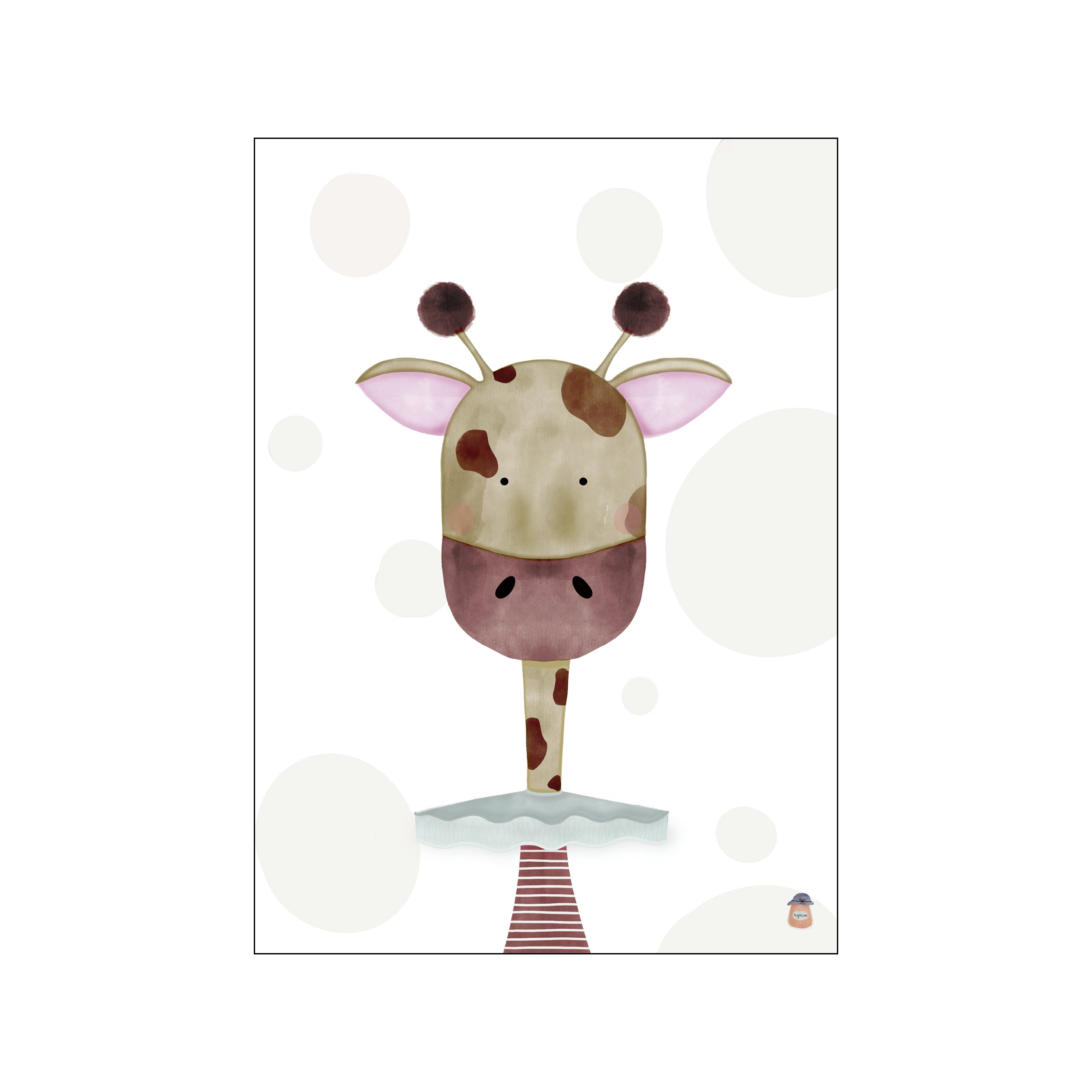 A close-up, watercolor-style portrait of a friendly giraffe's face. It features soft earthy tones, blush pink accents on its ears, and a whimsical, striped neck detail against a backdrop of soft, blurred circles.