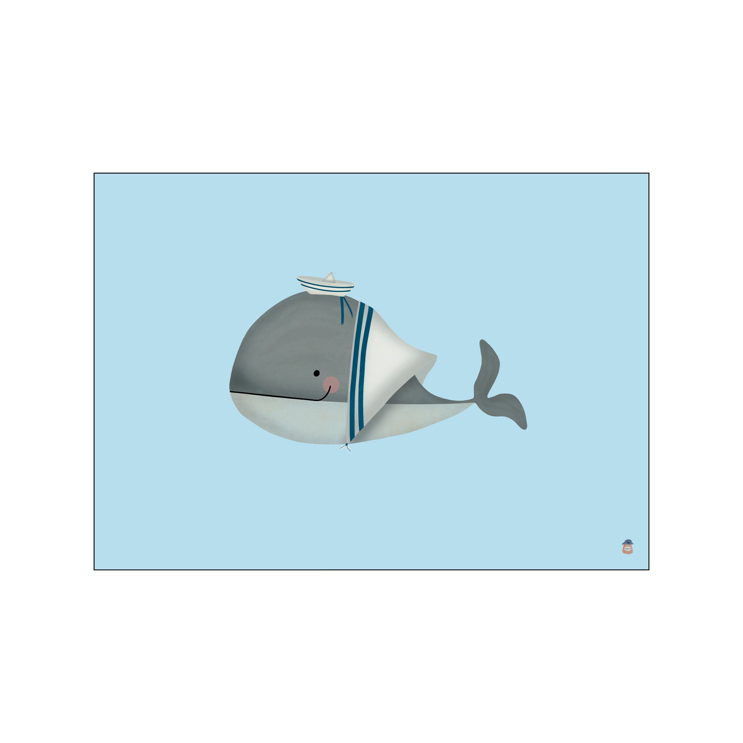 A whimsical, textured illustration of a grey whale wearing a sailor hat and collar, set against a soft blue background. The artwork has a gentle, inviting, and coastal vibe.