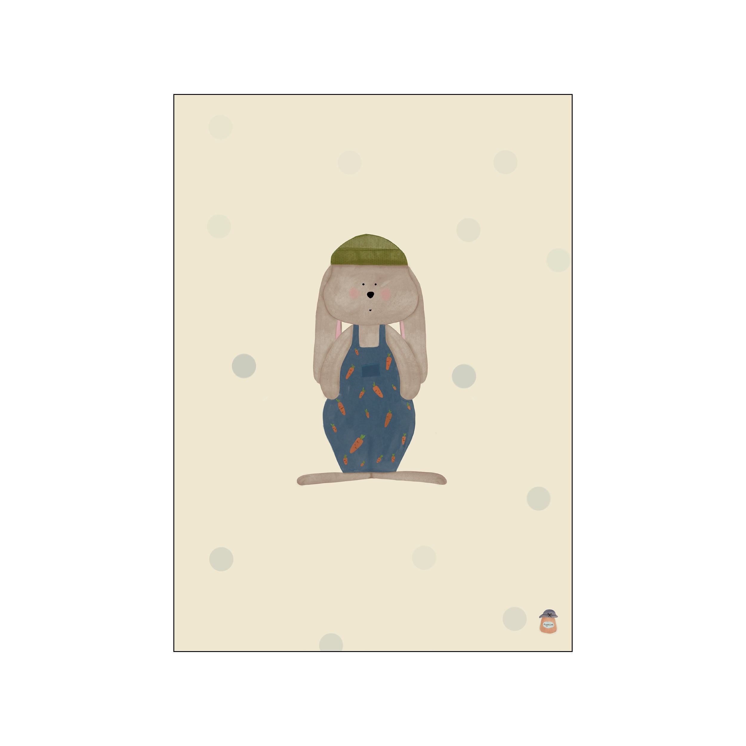 A charming illustration of a soft brown bunny wearing a green cap and blue overalls adorned with tiny orange carrots, set against a pale cream background with scattered light grey dots.