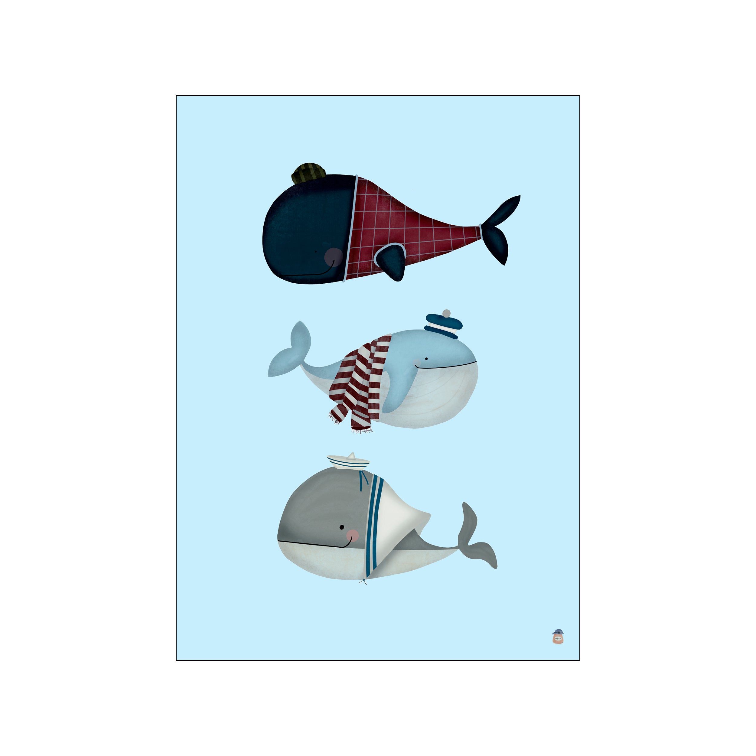 Three charming whales in whimsical nautical outfits, including a sailor suit and a plaid jacket, set against a soft sky-blue background. The art evokes a playful yet serene coastal or children's room vibe.