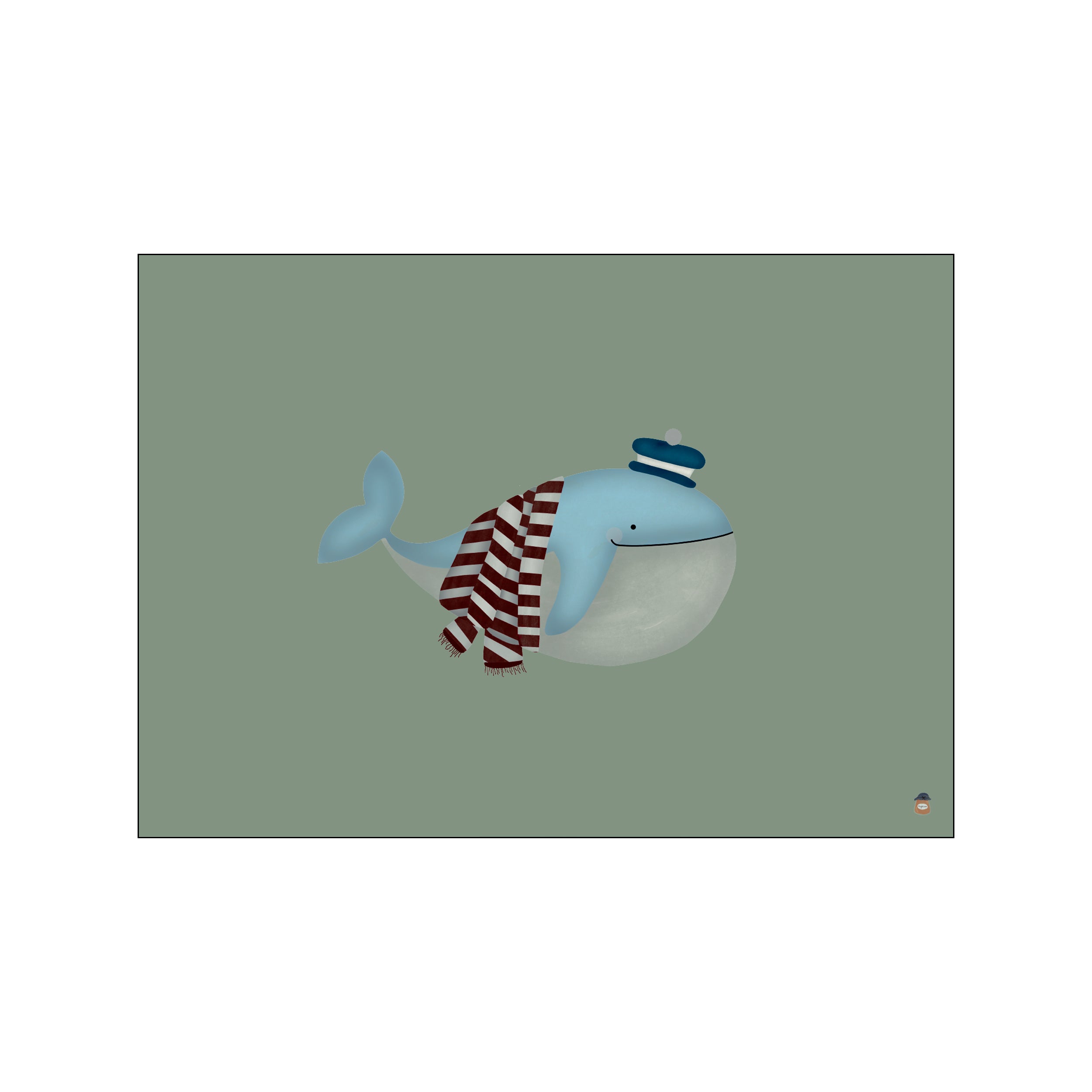 A cheerful blue whale wearing a navy sailor's hat and a red and white striped scarf, set against a muted green background, bringing a touch of whimsical coastal charm to a room.