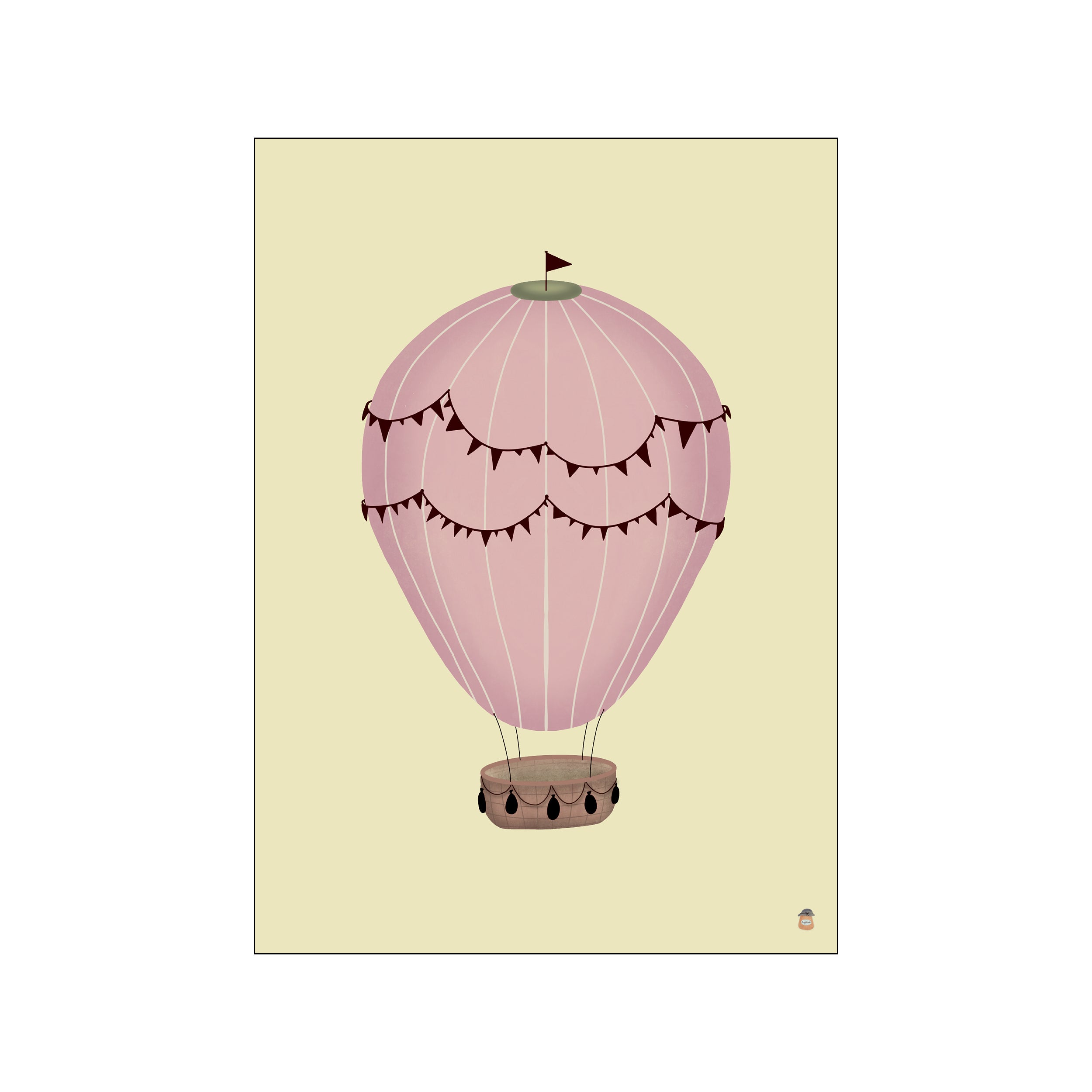A charming, dusty rose hot air balloon with a brown basket floats against a pale cream background, adorned with festive dark bunting.