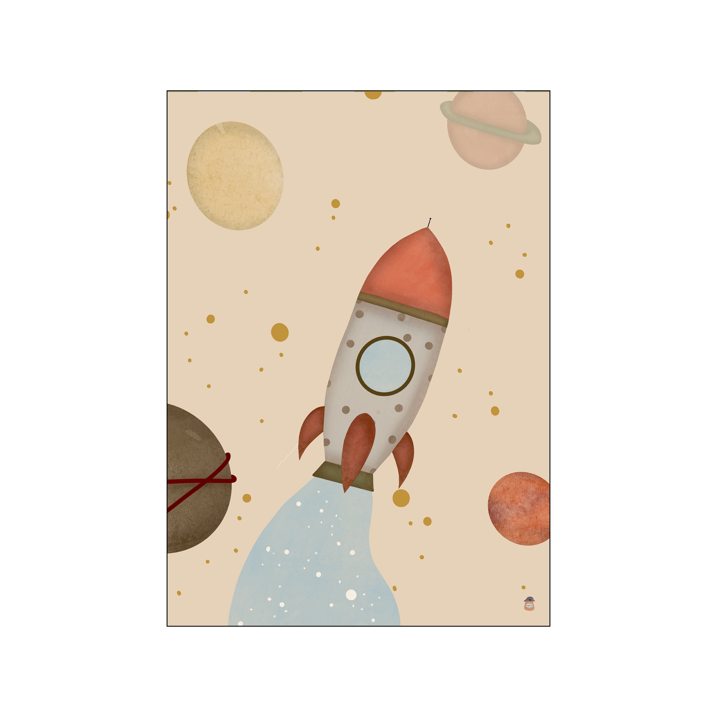 A whimsical illustration of a retro-style rocket ship ascending through a soft, neutral-toned space, surrounded by planets in warm hues and scattered golden dots, evoking a sense of wonder and adventure.