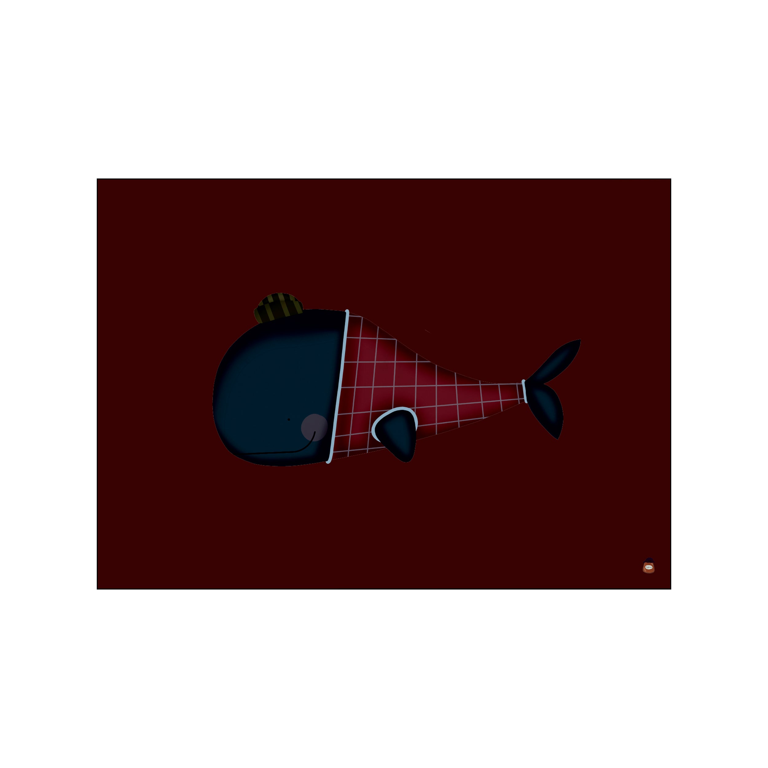 A stylized whale with a dark blue head and a red plaid body wears a striped hat. It floats against a deep crimson background, bringing a whimsical and cozy feel to the space.