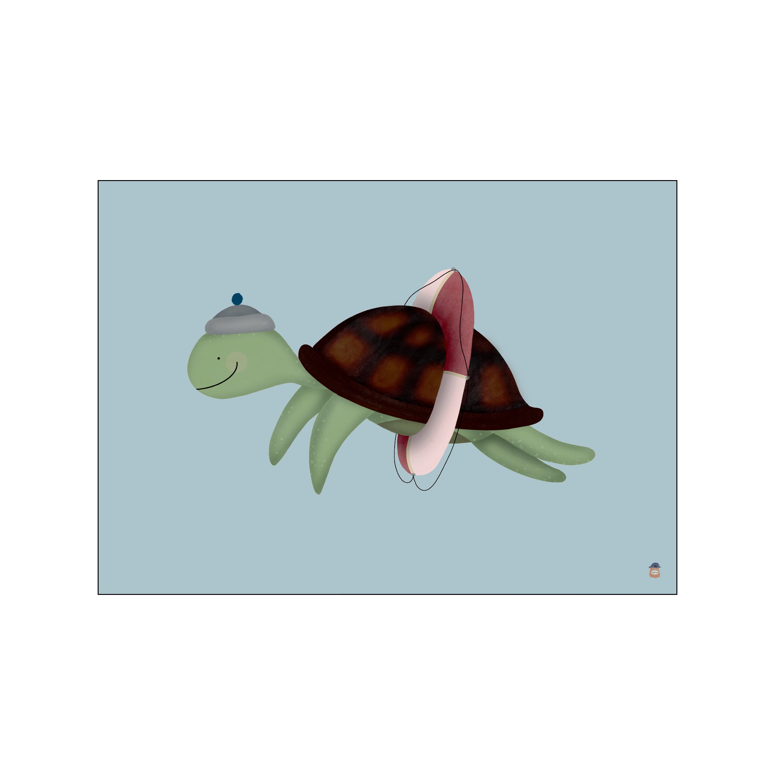 A whimsical illustration of a smiling green turtle wearing a hat and a life preserver against a soft blue background, evoking a sense of playful adventure and calm.