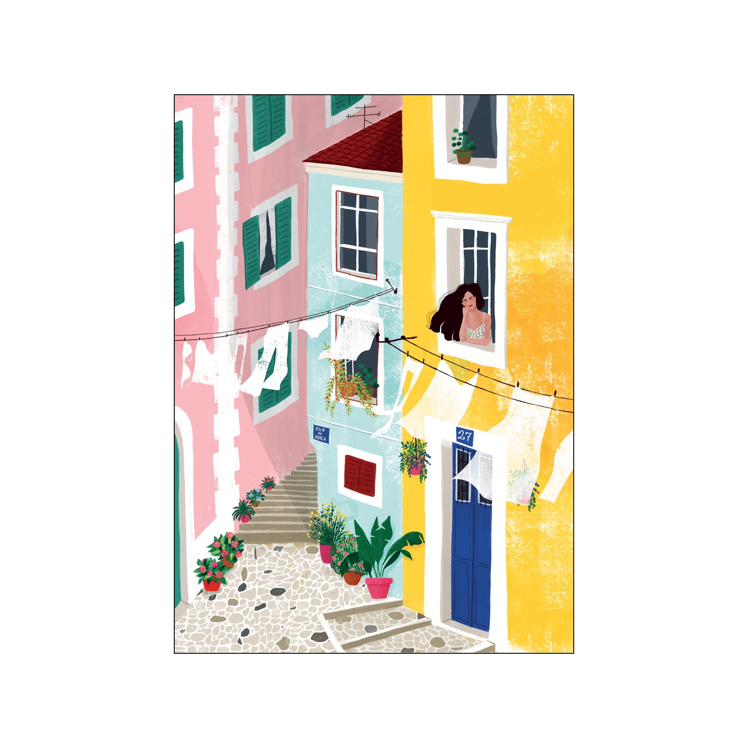 Colorful apartment buildings with laundry lines, potted plants, and a woman at the window