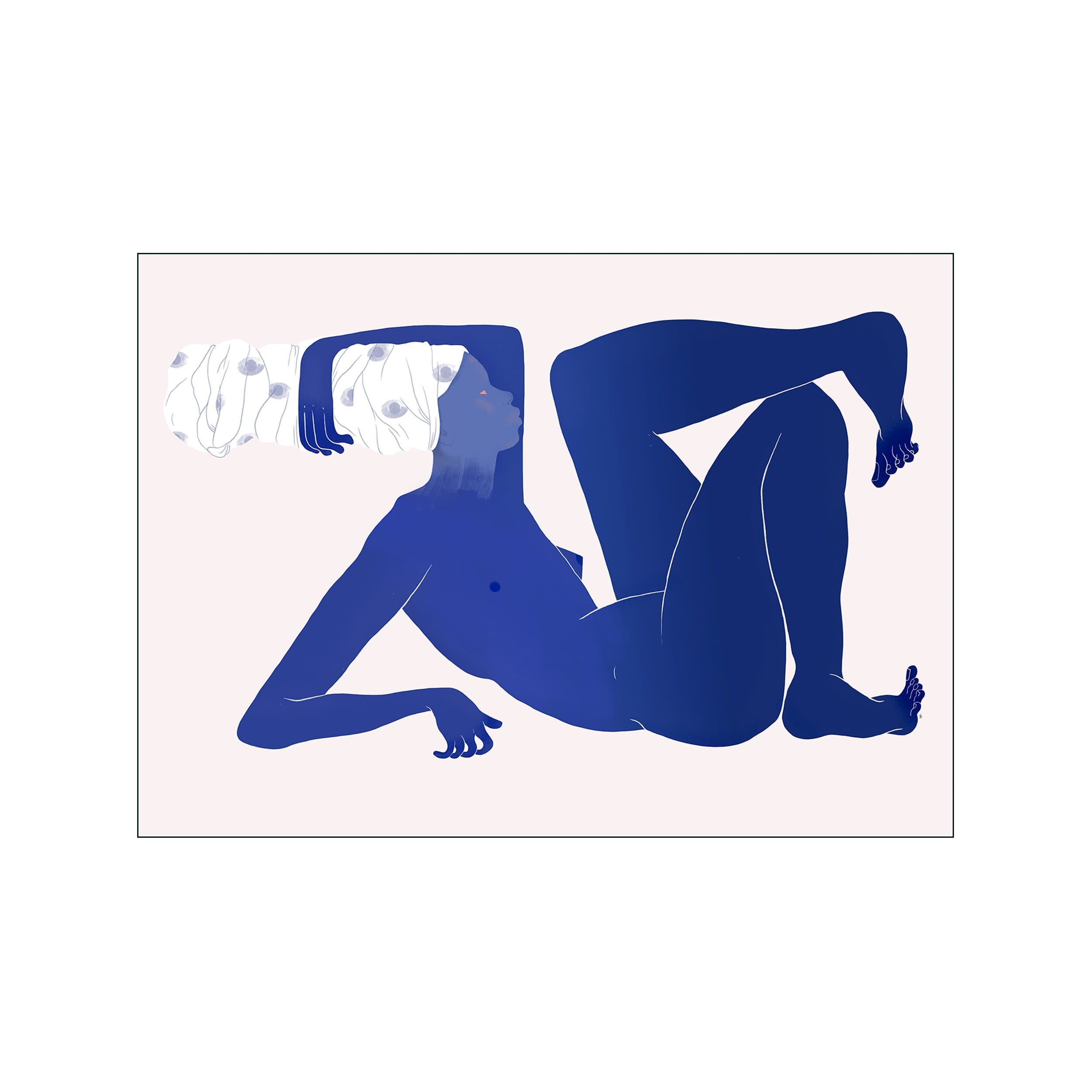 Stylized blue reclining woman on a pale blush background with patterned white fabric