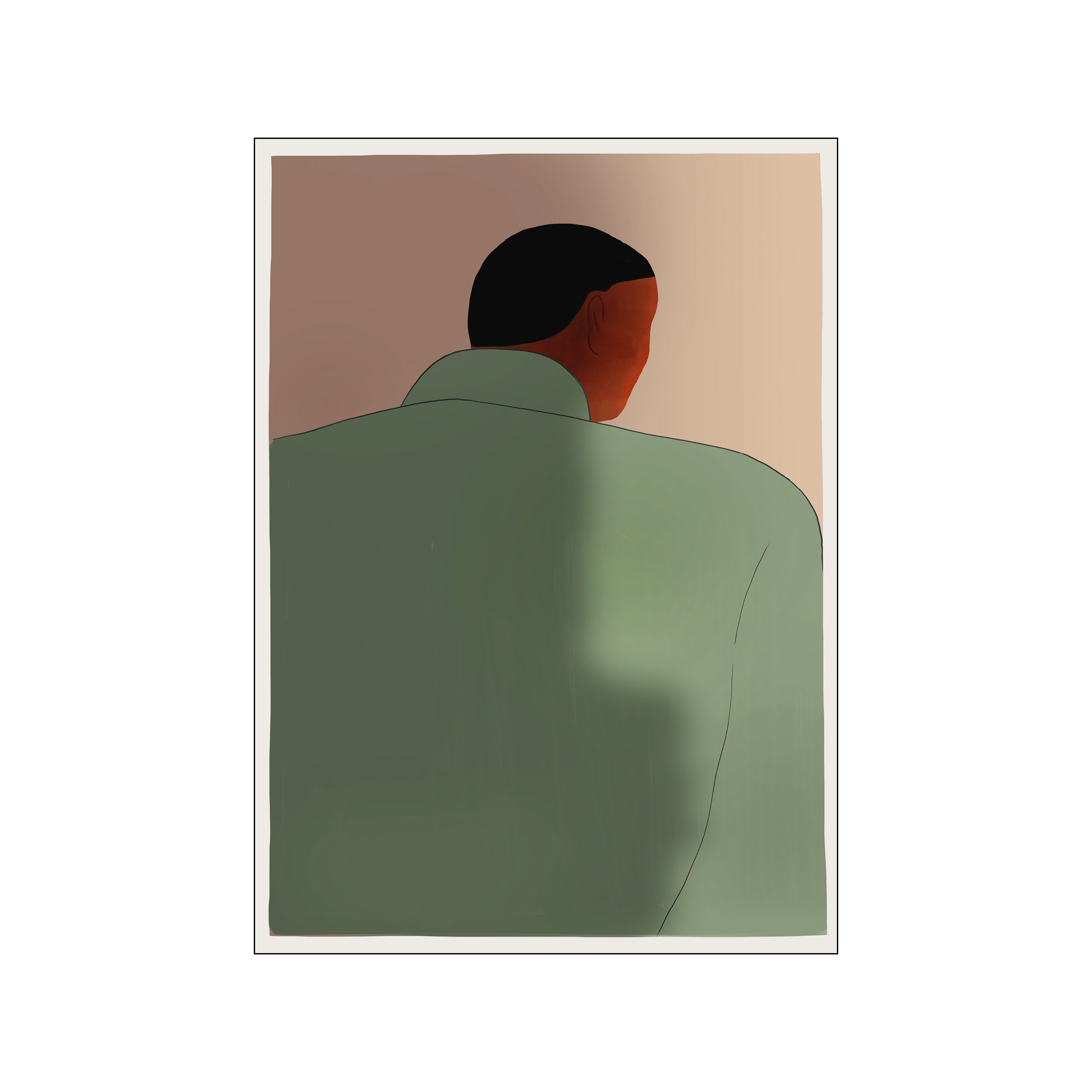 A painting of a person viewed from the back, with a warm terracotta face and a sage green garment, set against a soft gradient background.