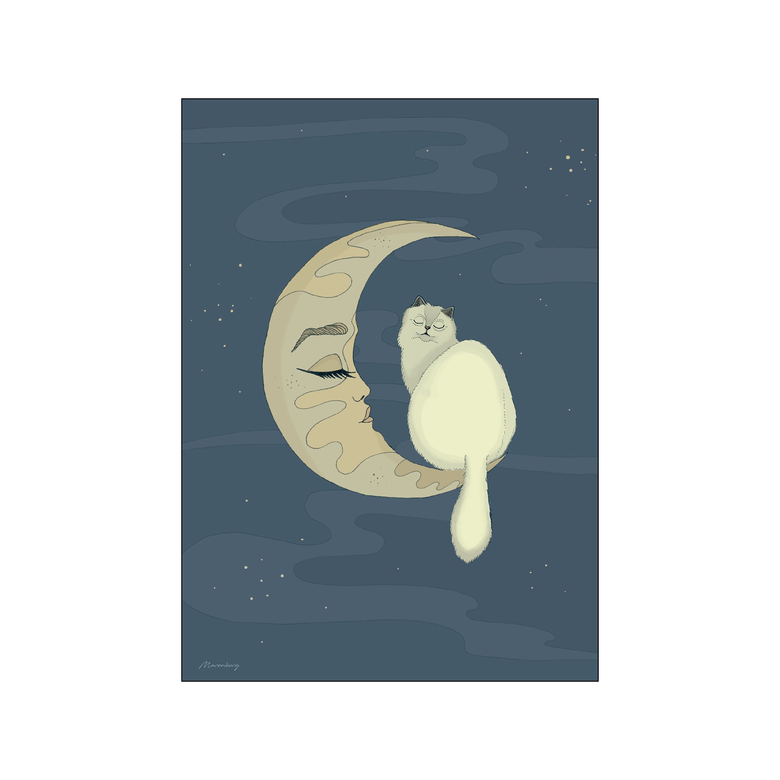 A serene cream-colored cat rests comfortably on the curve of a crescent moon, set against a dark blue, starry night sky with ethereal clouds. The artwork evokes a feeling of peaceful dreaming and gentle fantasy.