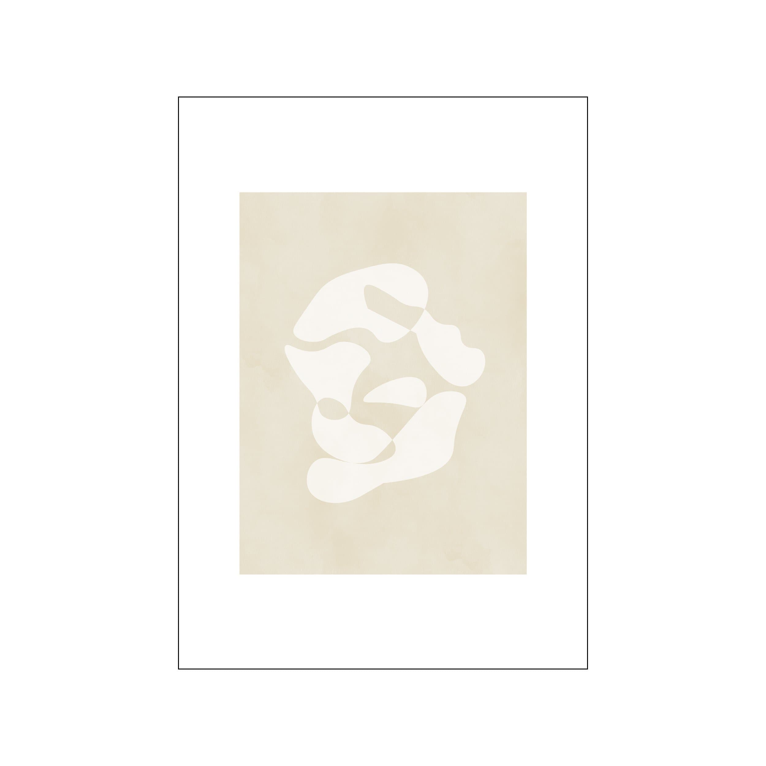 Minimal abstract print with ivory marble-like shapes on a warm beige background