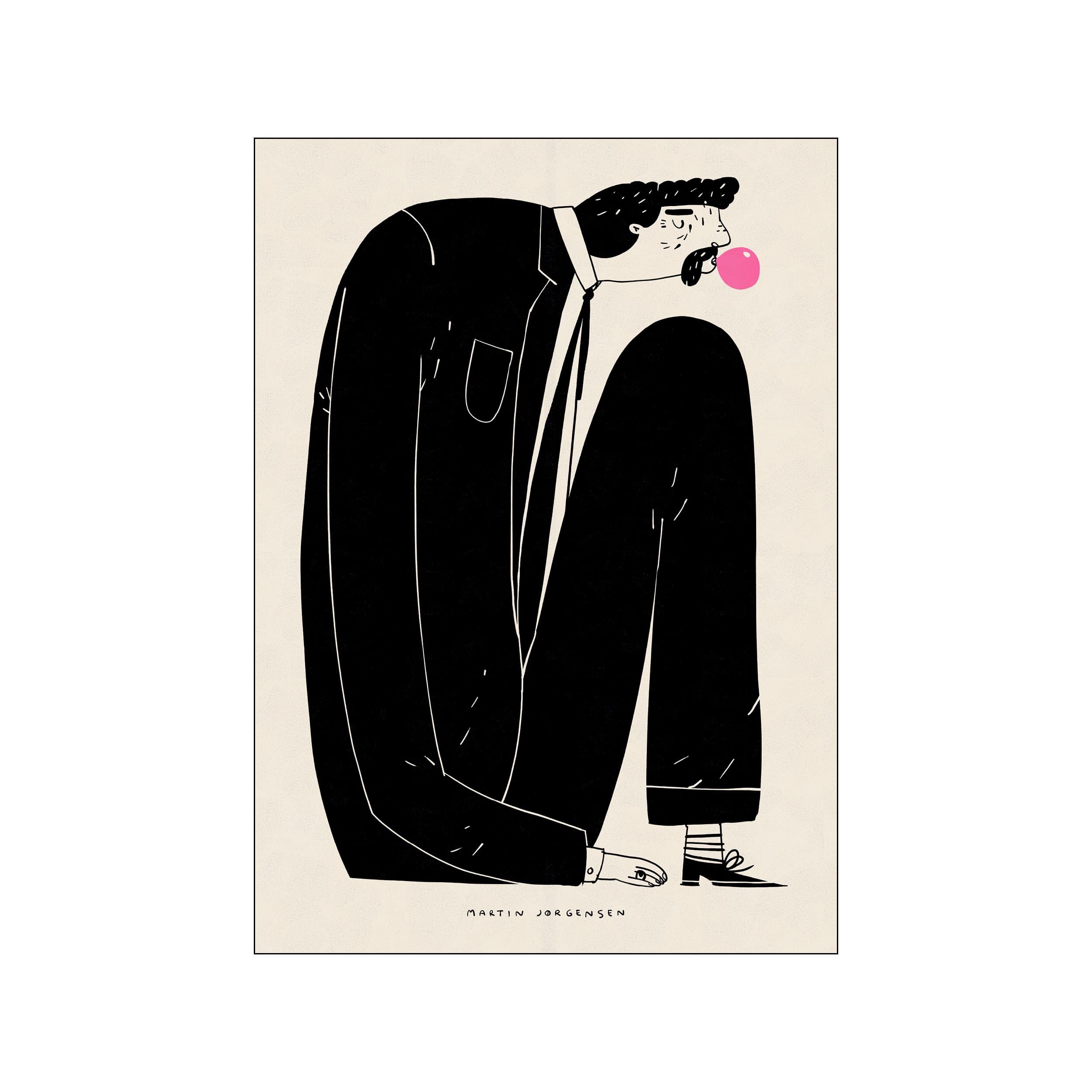 Stylized black suited man blowing a bright pink bubble on a cream background
