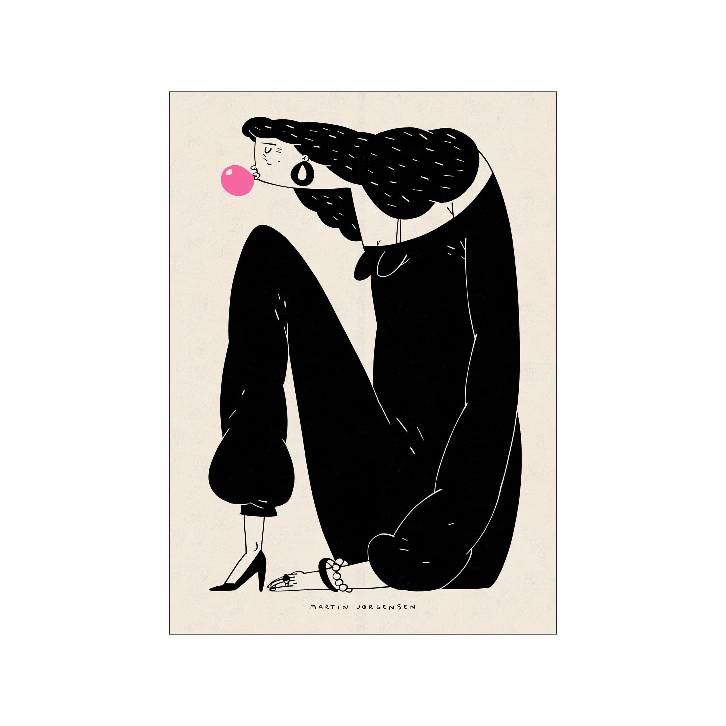 Graphic black and cream poster of a woman blowing a bright pink bubble gum bubble
