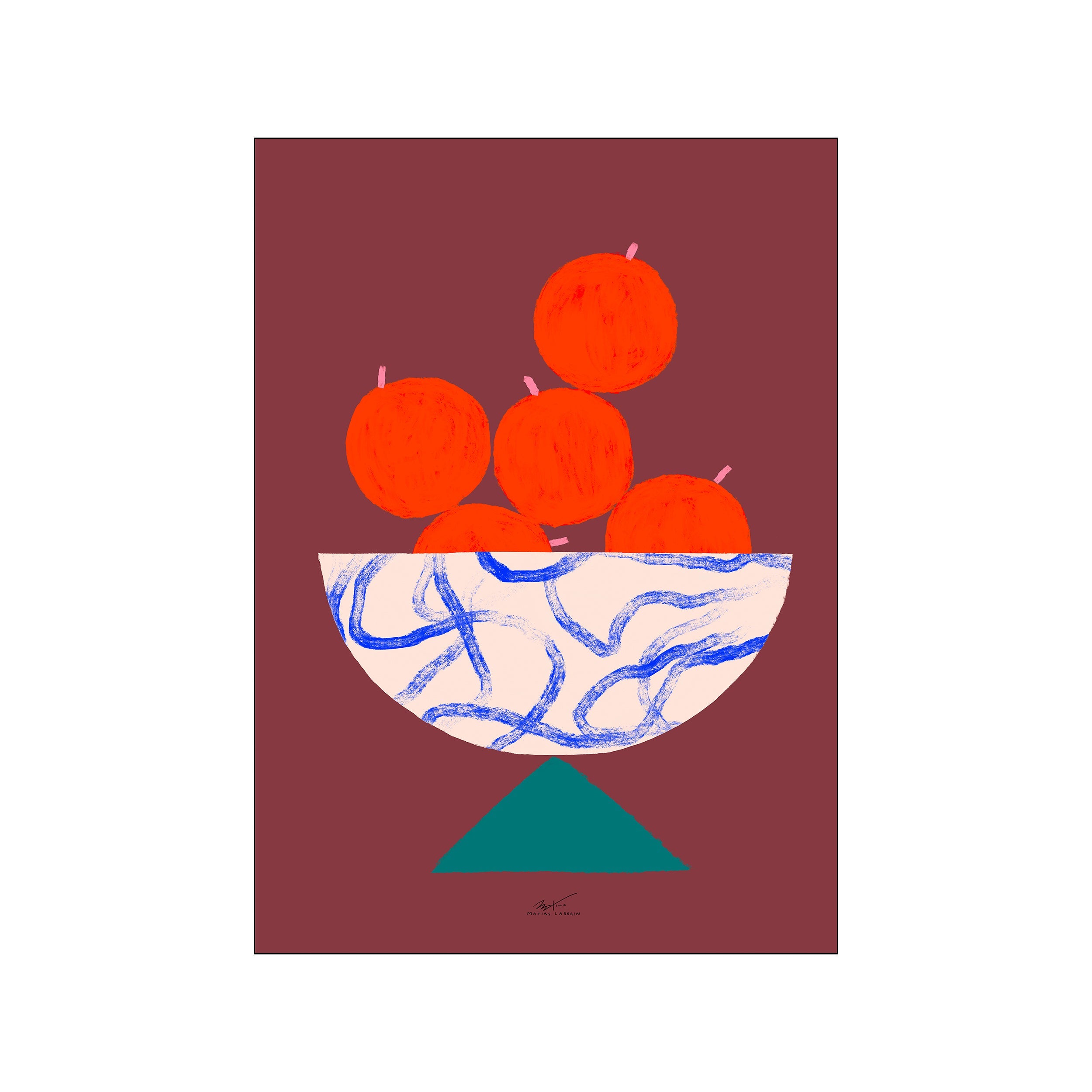 A whimsical composition of bright orange fruits piled in a cream-colored bowl with blue abstract markings, set against a deep burgundy background with a teal triangle base, evoking a joyful and artistic ambiance.
