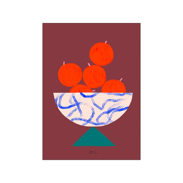 A whimsical composition of bright orange fruits piled in a cream-colored bowl with blue abstract markings, set against a deep burgundy background with a teal triangle base, evoking a joyful and artistic ambiance.
