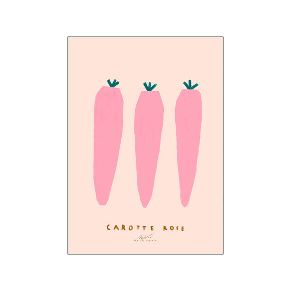 Three whimsical, hand-painted pink carrots with teal tops are arranged vertically against a soft peach background. The artwork has a charming, organic feel and adds a playful pop of color.