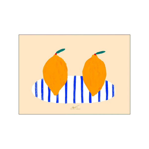 Two impressionistic yellow lemons with green stems sit on an oval striped base of blue and white, set against a pale peach background. The artwork has a warm, inviting, and artistic vibe.