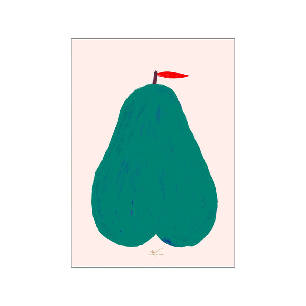 A stylized illustration of a large teal pear with visible brushstrokes and a small red banner at the top, set against a pale pink background. The artwork has a whimsical yet sophisticated vibe.